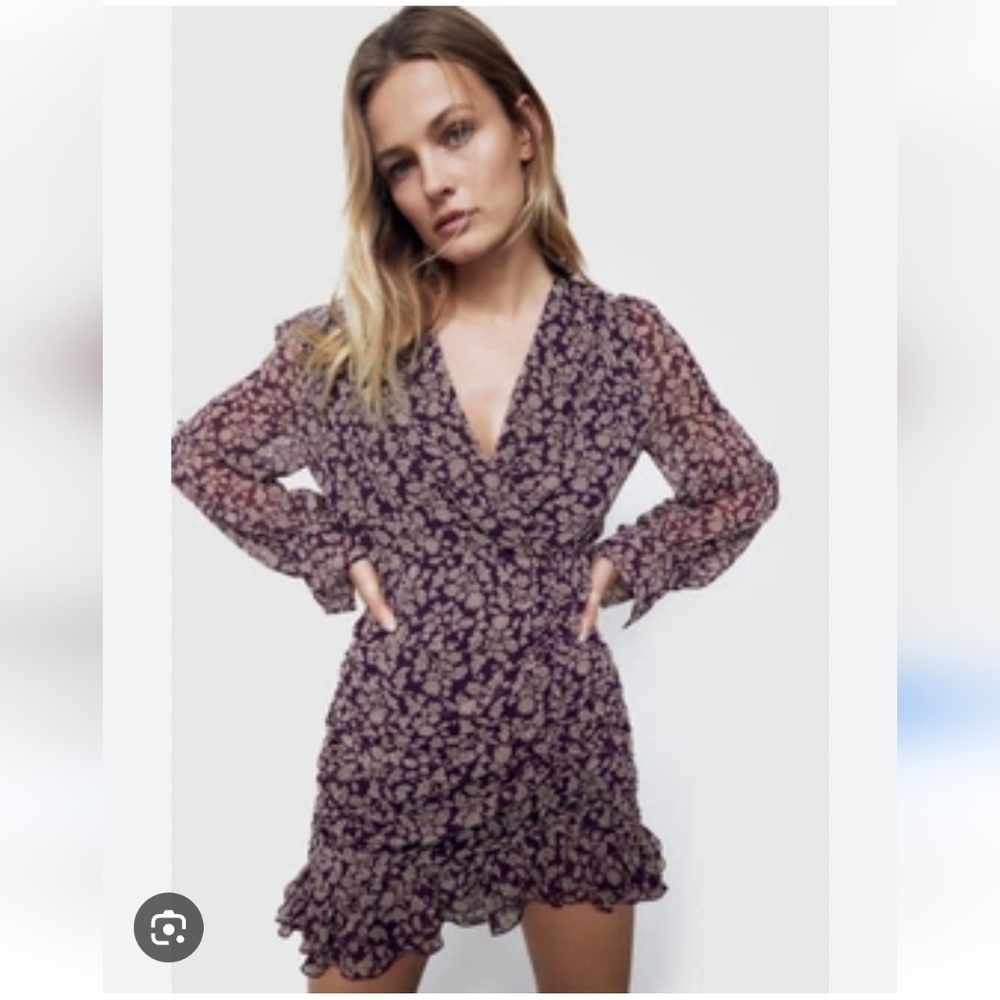 ZARA | Floral Shiffon Dress Purple Sz L